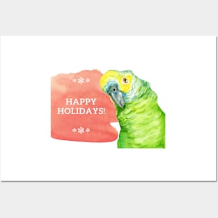 Happy holidays parrot amazone watercolor Posters and Art